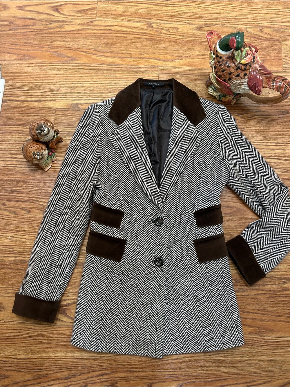 Wool-Blend Herringbone Blazer with Brown Velvet Trim